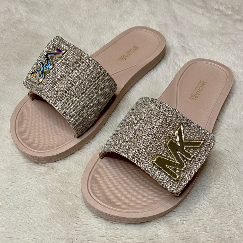 Blush, silver and gold Michael Kors slides